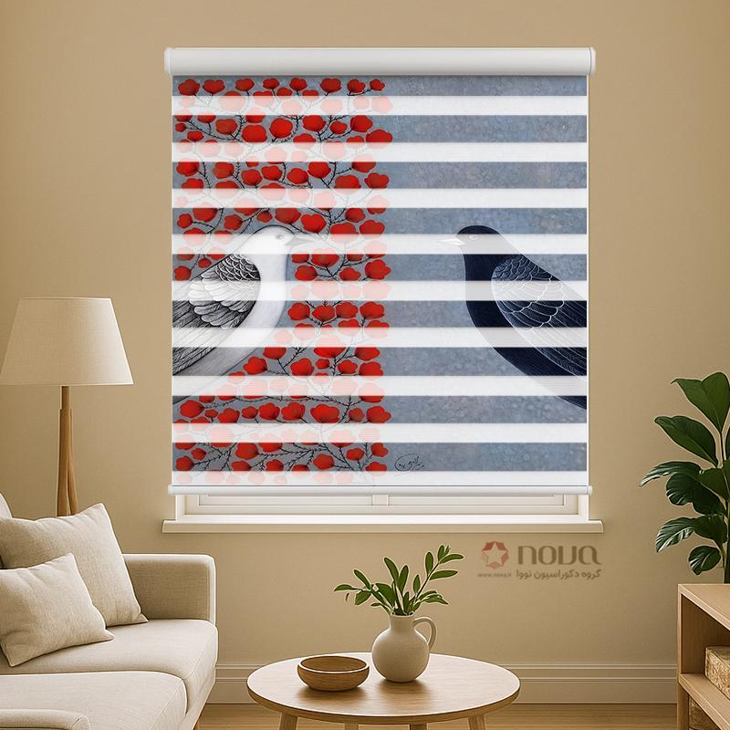 عکس محصول پرده زبرا طرح دو پرنده و گل های قرمز کد NAT-17