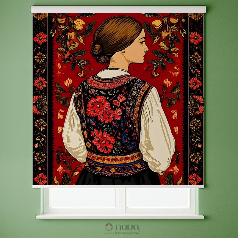 پرده شید تصویری طرح دختر سنتی با گل‌های قرمز کد IR-01