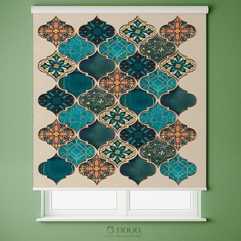 پرده شید تصویری طرح کاشی‌کاری سنتی فیروزه‌ای کد IR-02