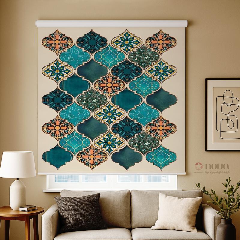 عکس محصول پرده شید تصویری طرح کاشی‌کاری سنتی فیروزه‌ای کد IR-02