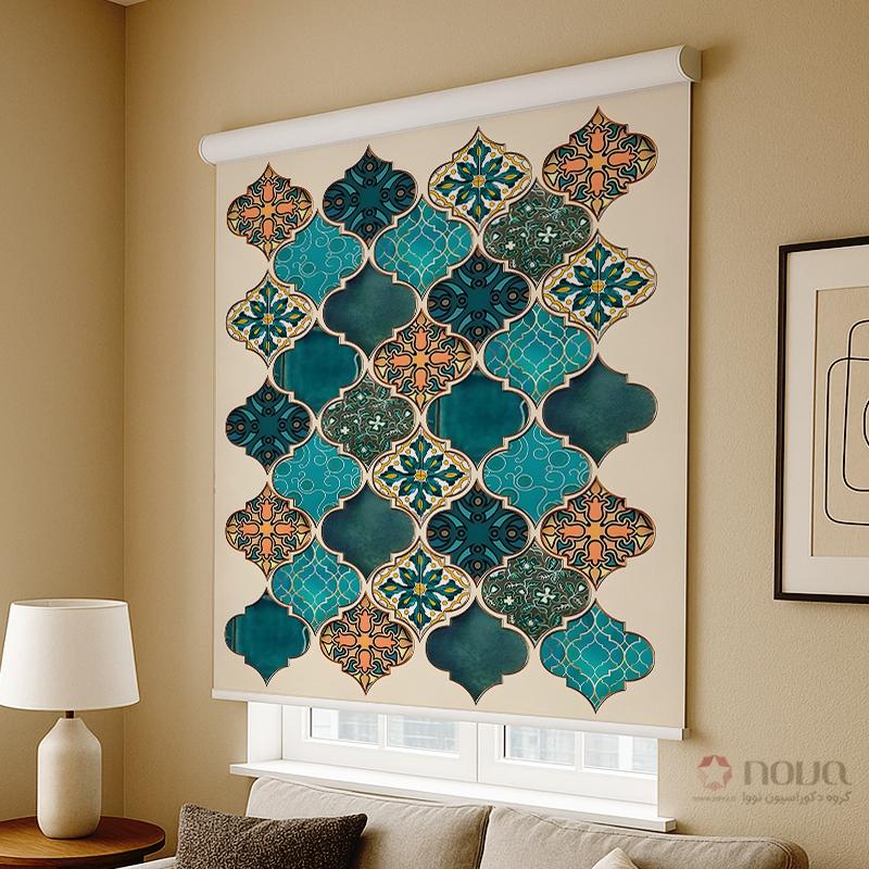 عکس محصول پرده شید تصویری طرح کاشی‌کاری سنتی فیروزه‌ای کد IR-02