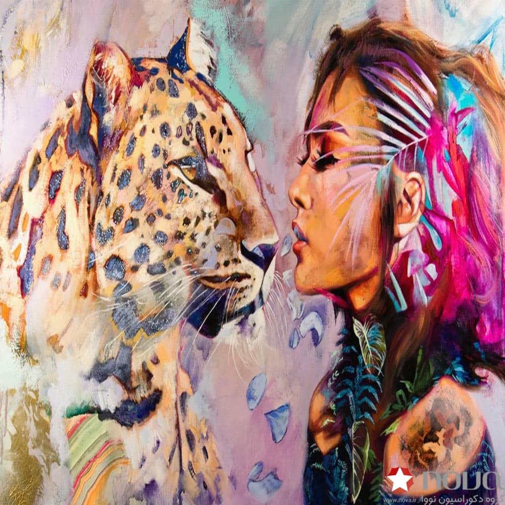 عکس محصول پرده زبرا تصویری طرح هنری دختر و پلنگ آبرنگی کد ART-06