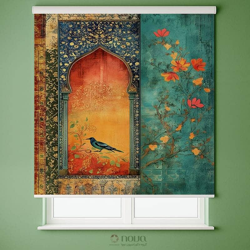 عکس محصول پرده شید تصویری طرح اسلیمی با نقش گل و پرنده کد ART-17