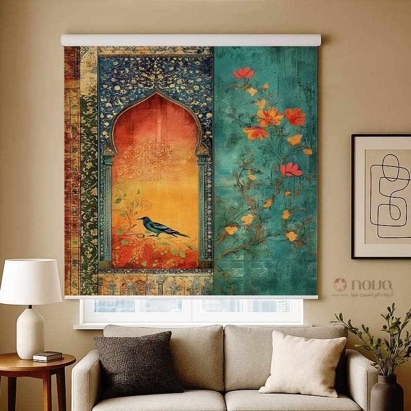 عکس محصول پرده شید تصویری طرح اسلیمی با نقش گل و پرنده کد ART-17