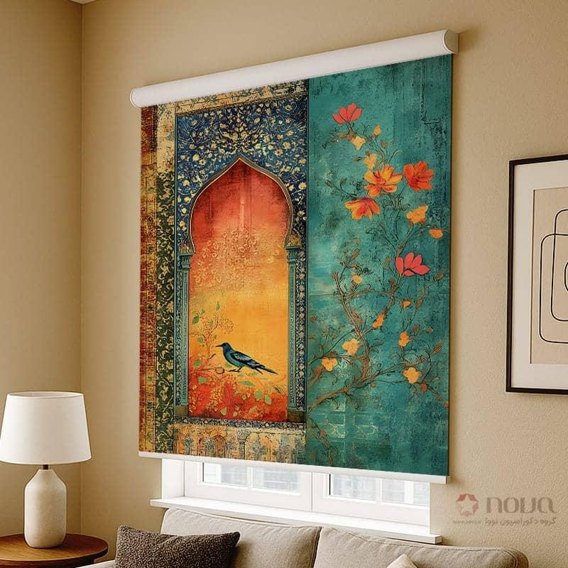 عکس محصول پرده شید تصویری طرح اسلیمی با نقش گل و پرنده کد ART-17