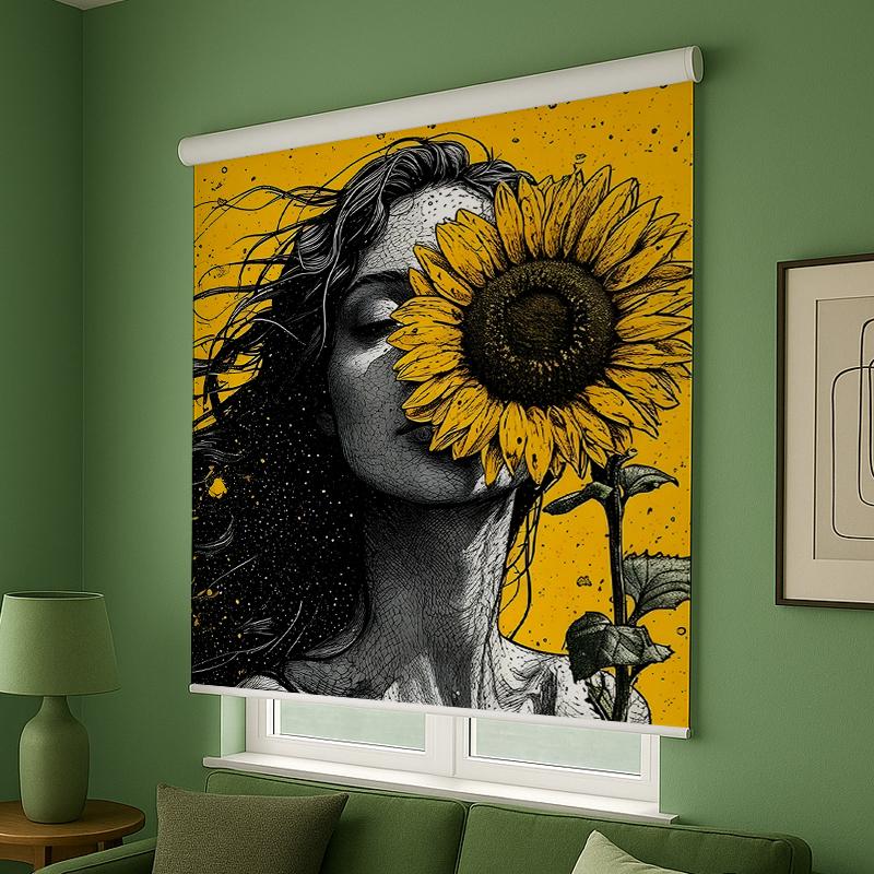 عکس محصول پرده شید تصویری طرح دختر و گل آفتابگردان کد FZ-01