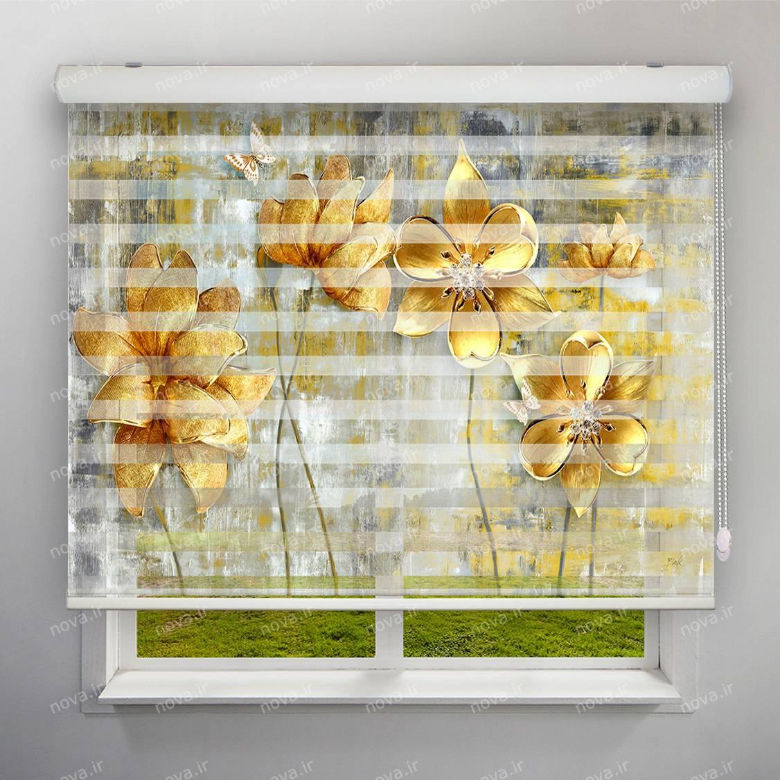 عکس محصول پرده زبرا تصویری طرح 3D گل طلایی کد FLW-17