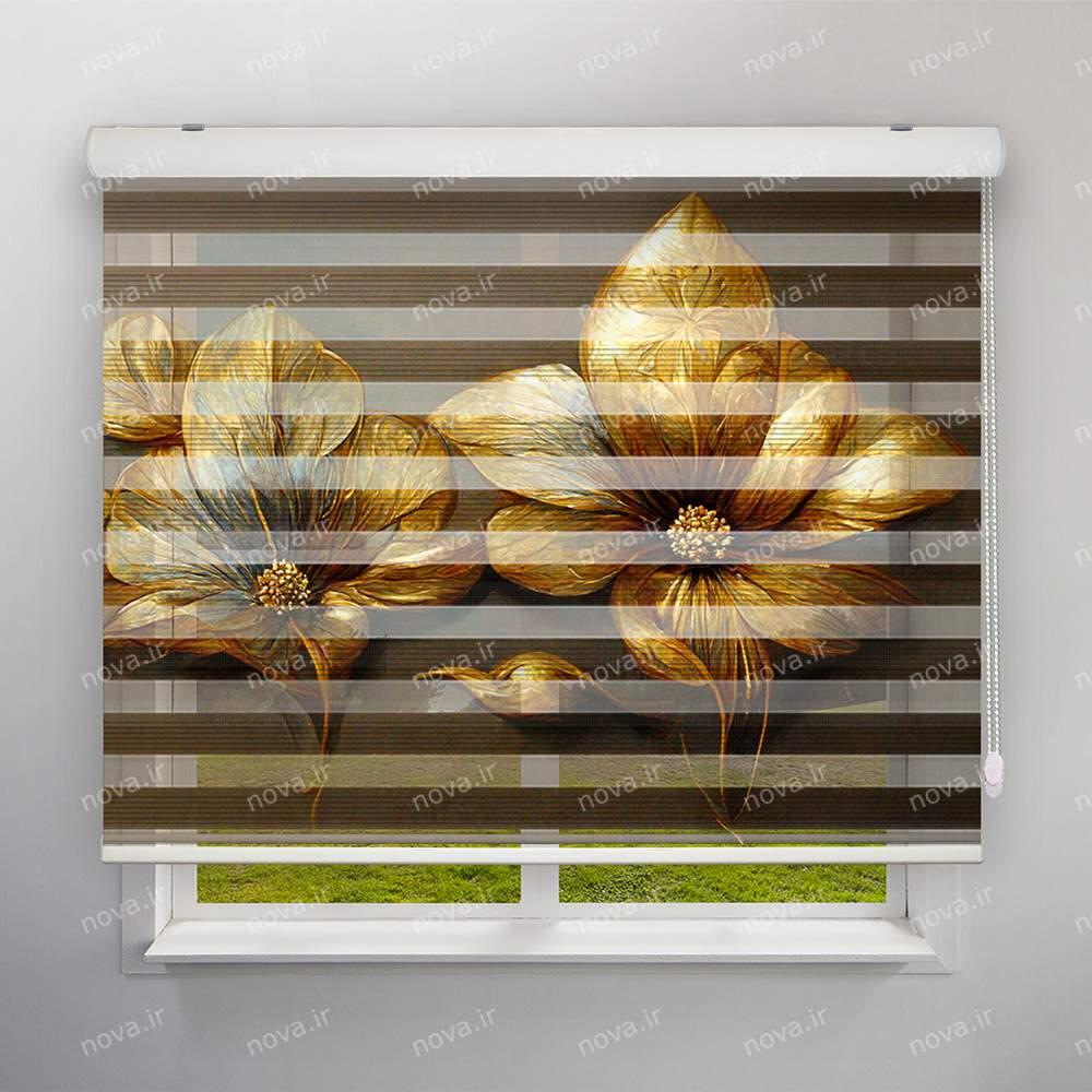 عکس محصول پرده زبرا پلیسه تصویری طرح 4K گل طلایی کد FLW-02