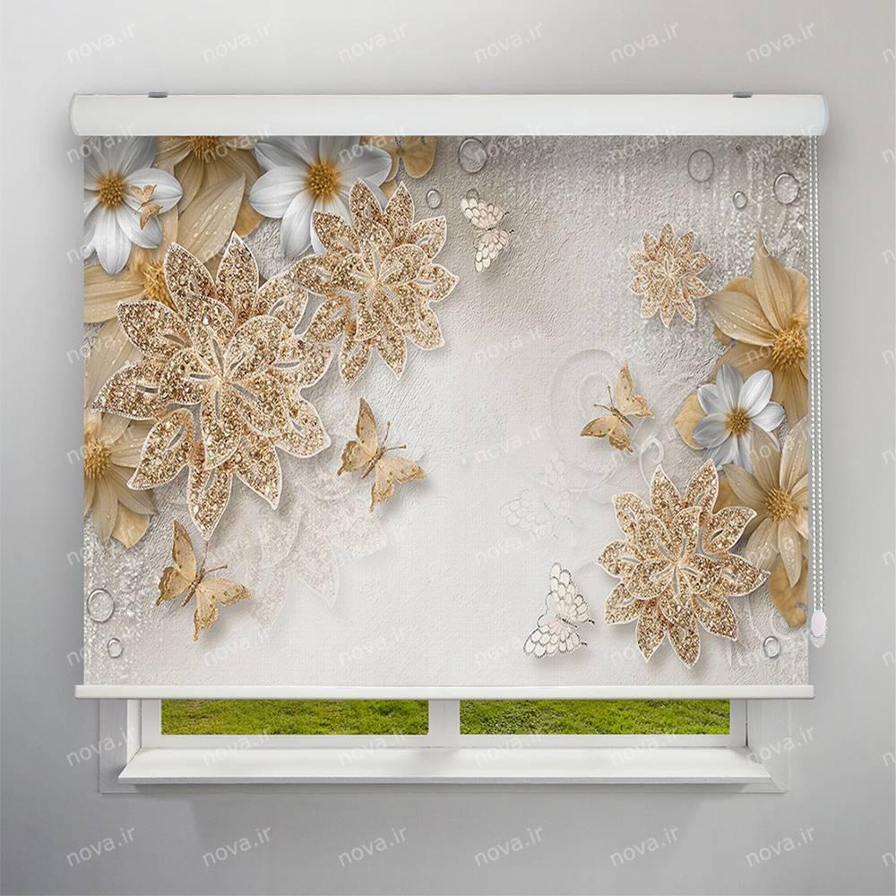 عکس محصول پرده شید تصویری طرح 3D گل و پروانه طلایی کد FLW-21
