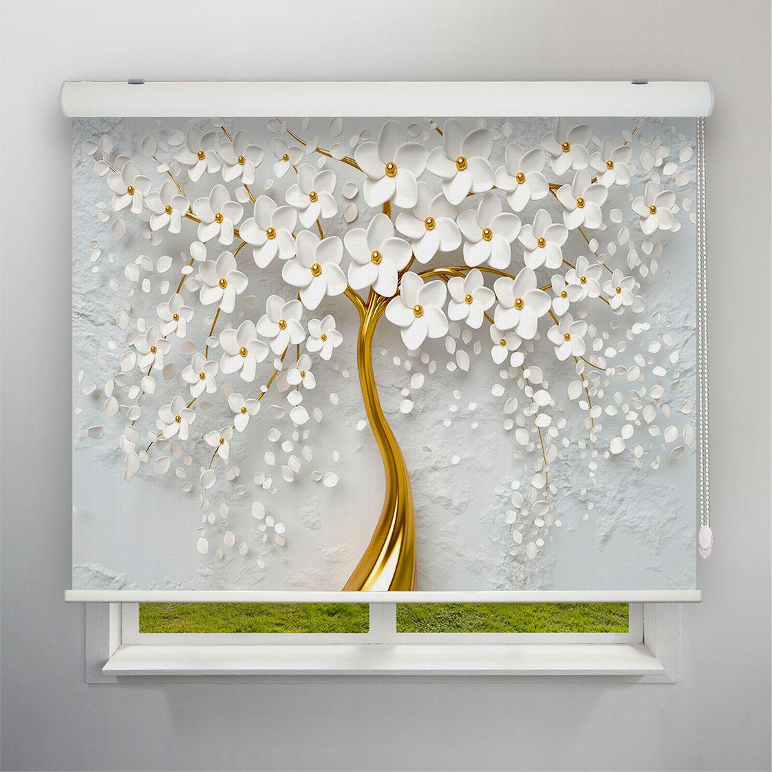 عکس محصول پرده شید تصویری طرح 3D درخت شکوفه سفید کد FLW-33