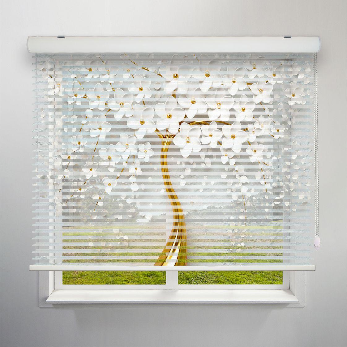 عکس محصول پرده سیلوئت تصویری طرح 3D درخت شکوفه سفید کد FLW-33