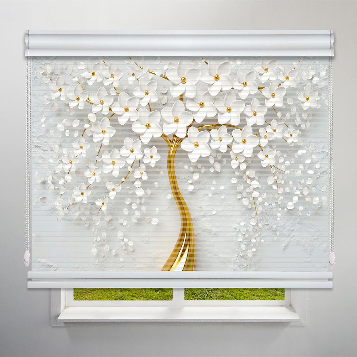 عکس محصول پرده شب و روز 1 سانتی تصویری طرح 3D درخت شکوفه سفید کد FLW-33